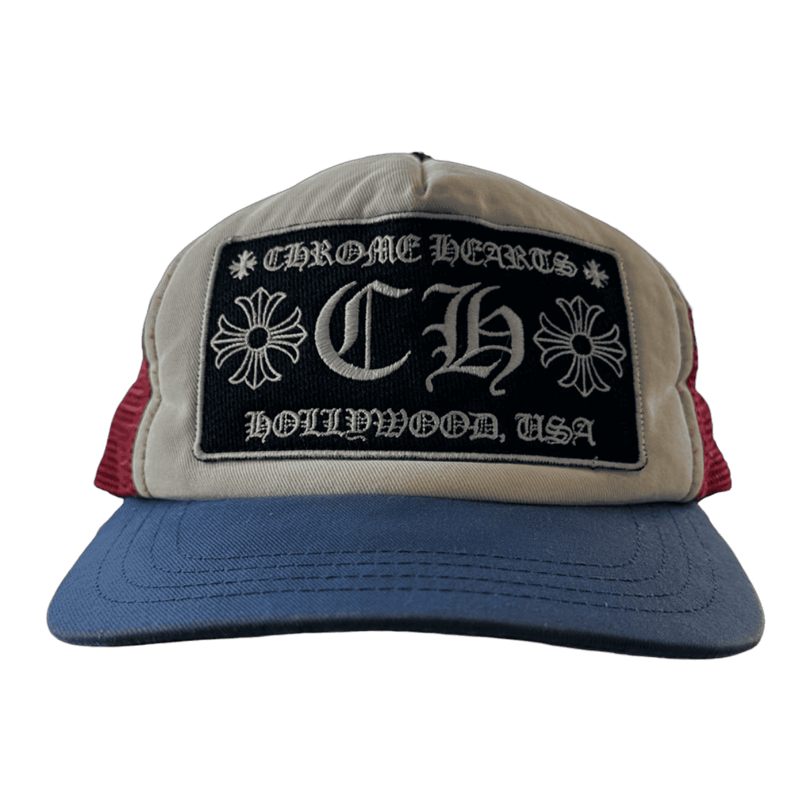 Chrome Hearts CH Hollywood Trucker Hat White/Blue/Red