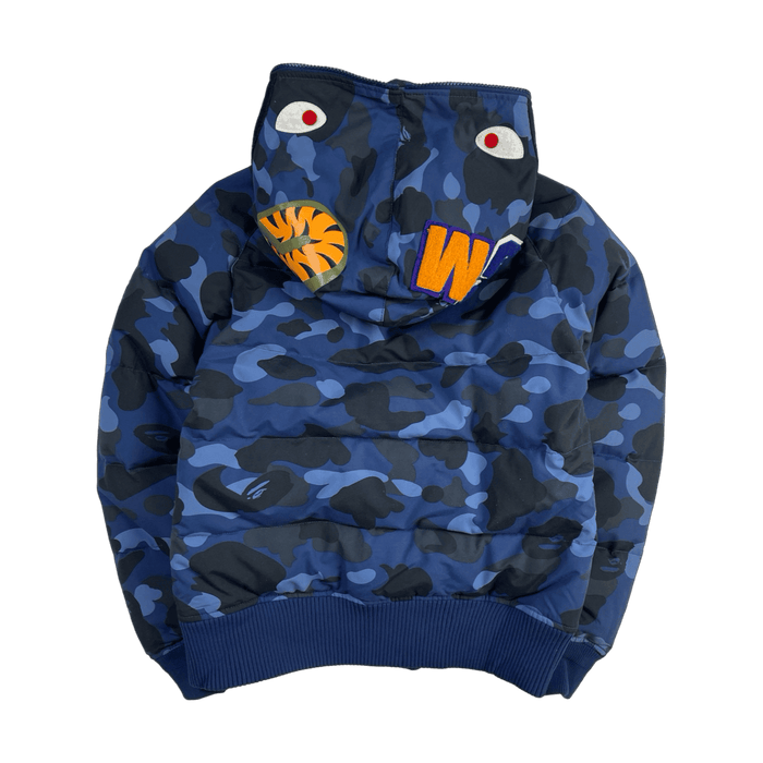 BAPE Color Camo Shark Hoodie Down Jacket Navy (USED) | Vitnage Clothing Store Canada