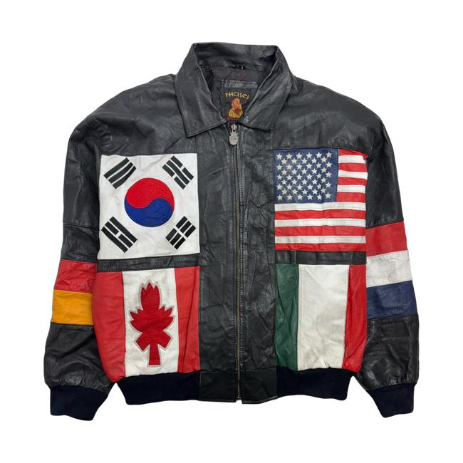 Vintage International Flags Leather Zip-Up Jacket