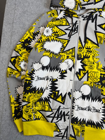 Stussy Vintage Comic AOP Zip Up Sweater White/Yellow (USED)