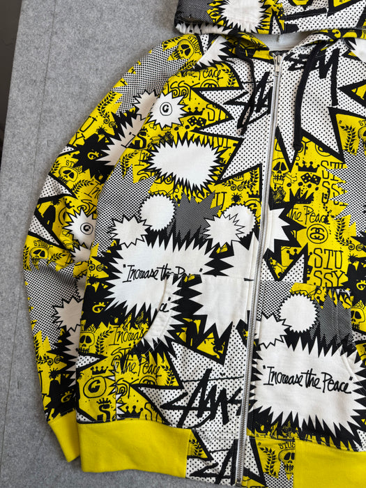 Stussy Vintage Comic AOP Zip Up Sweater White/Yellow (USED) | Vitnage Clothing Store Canada
