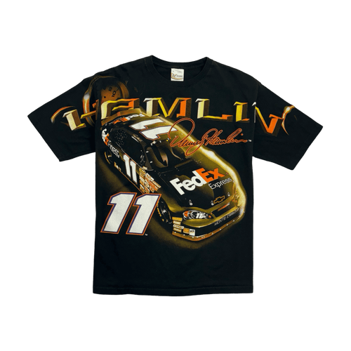 (XL) Vintage Denny Hamlin AOP Nascar Racing Tee Black | Vintage Clothing Store Canada