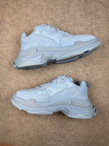 Balenciaga Triple S Logo Print Foam And Mesh Sneakers Light Blue (USED)