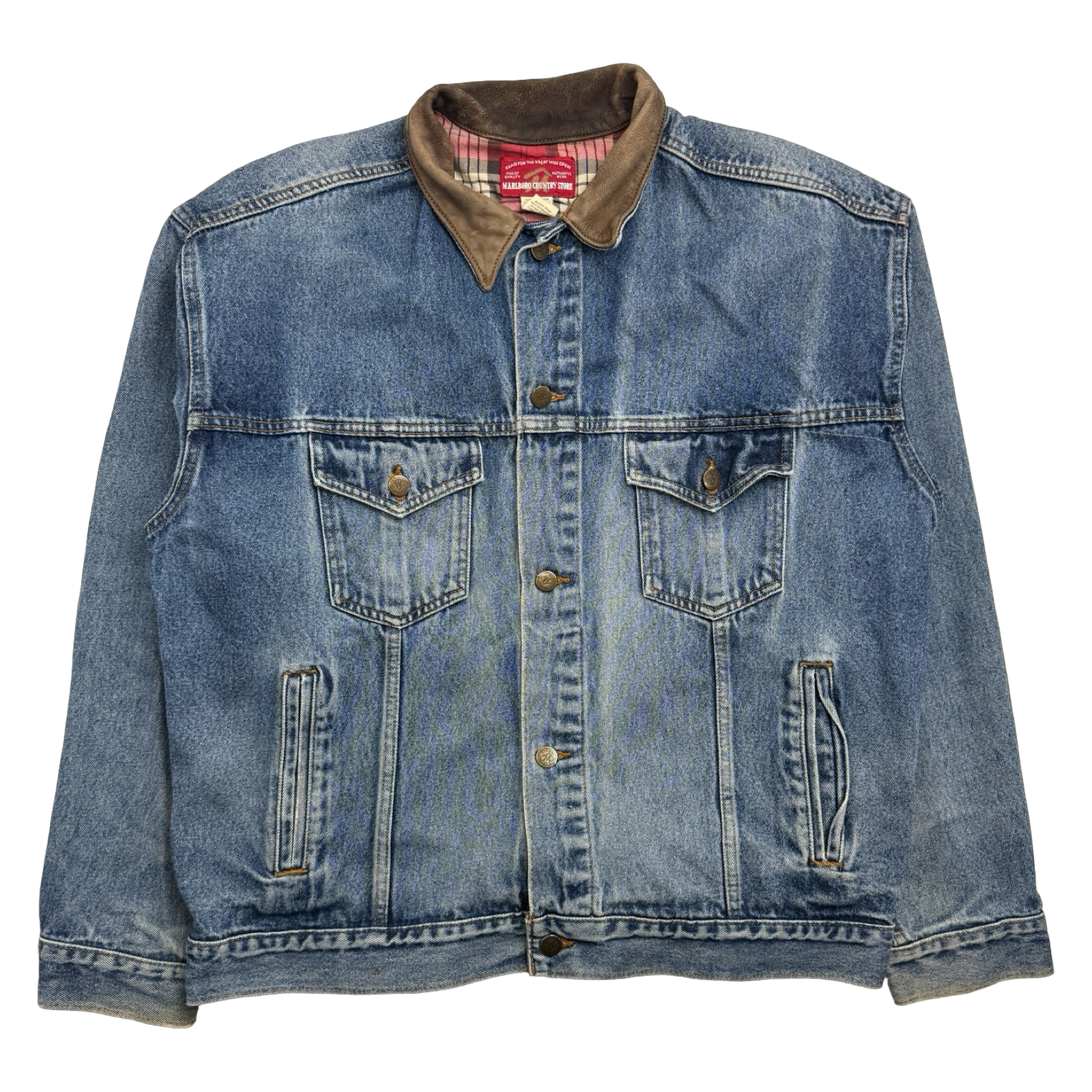 Vintage 90s Marlboro Plaid Lined Denim Jacket