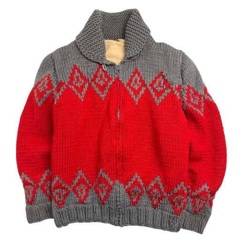 Vintage Cowichan Red Diamonds Knitted Zip Up Sweater | Vintage Clothing Store Canada