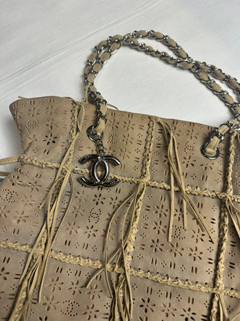 Chanel Suede Perforated Fringe Tote Bag Beige