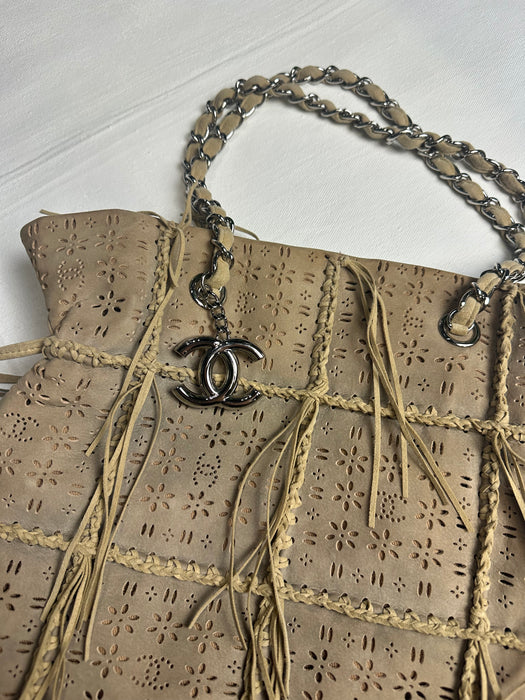 Chanel Suede Perforated Fringe Tote Bag Beige | Vitnage Clothing Store Canada