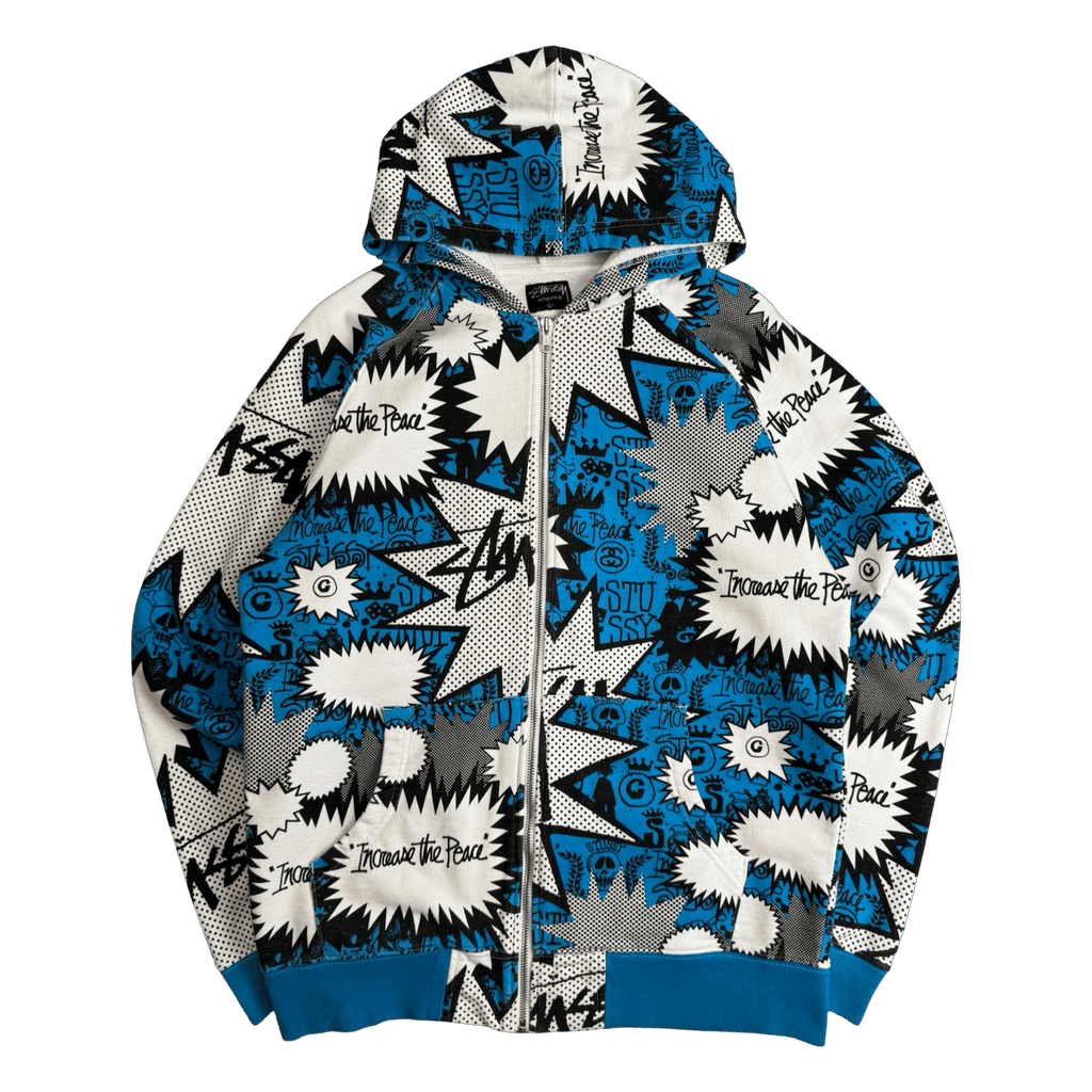 Stussy Vintage Comic AOP Zip Up Sweater White/Blue (USED)