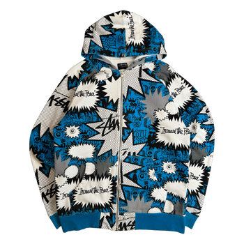 Stussy Vintage Comic AOP Zip Up Sweater White/Blue (USED)