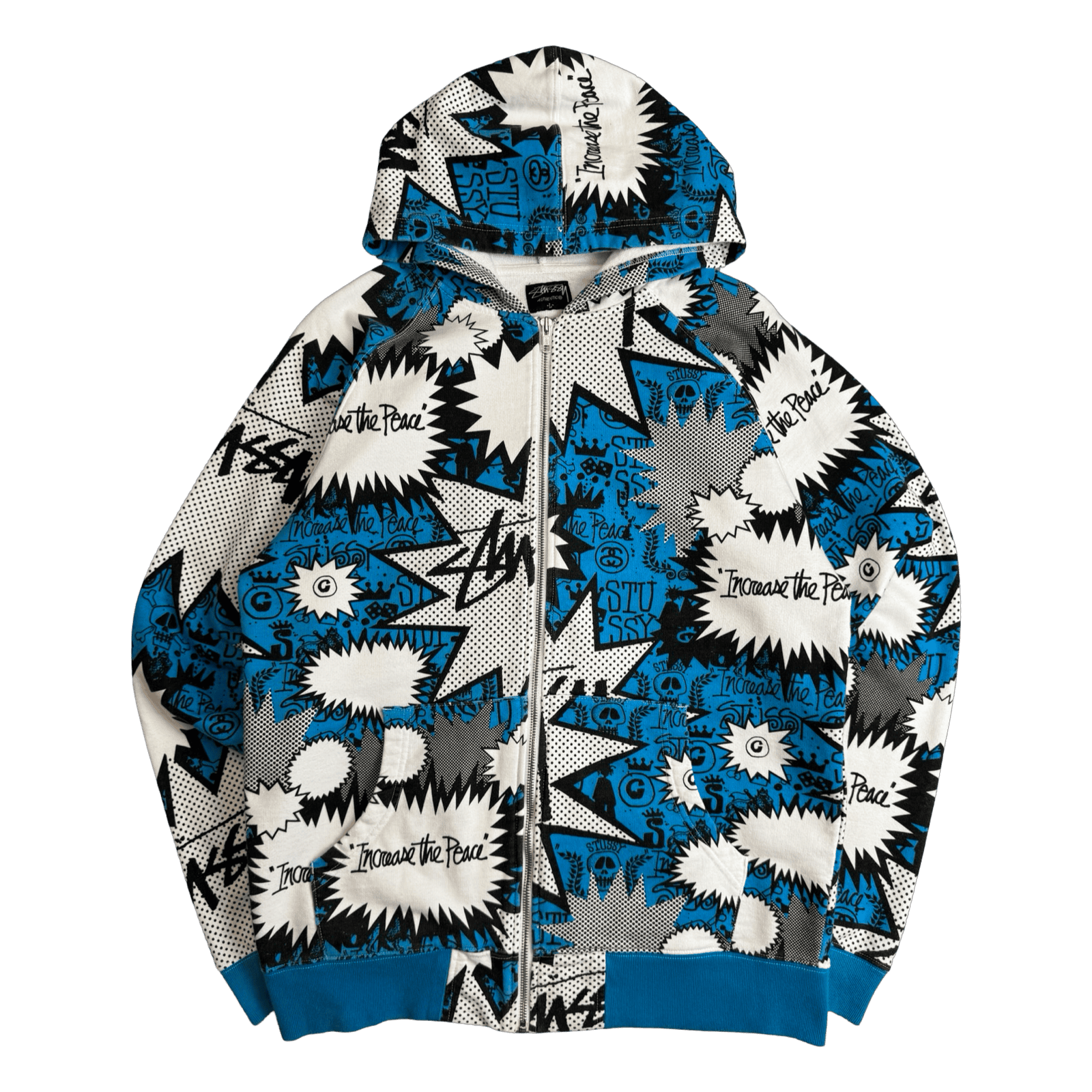 Stussy Vintage Comic AOP Zip Up Sweater White/Blue (USED)