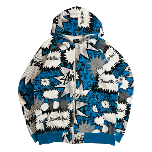 Stussy Vintage Comic AOP Zip Up Sweater White/Blue (USED) | Vintage Clothing Store Canada