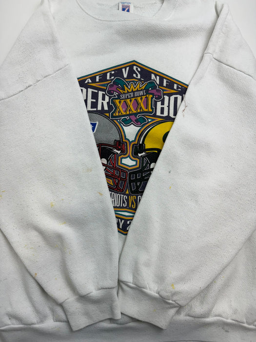 (XL) Vintage '96 Super Bowl XXXI Sweatshirt White | Vitnage Clothing Store Canada