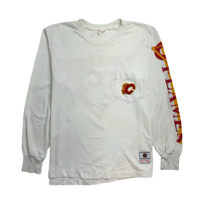 (S) Vintage 90s Calgary Flames L/S Tee White | Vitnage Clothing Store Canada