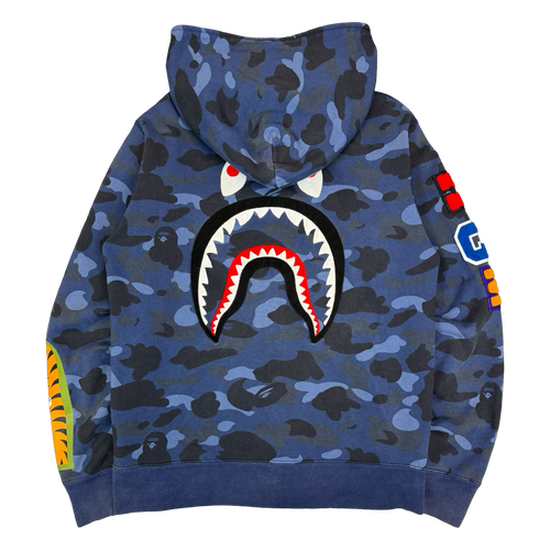 BAPE Embroidered Shark Camo Full Zip Hoodie Navy (USED) | Vintage Clothing Store Canada