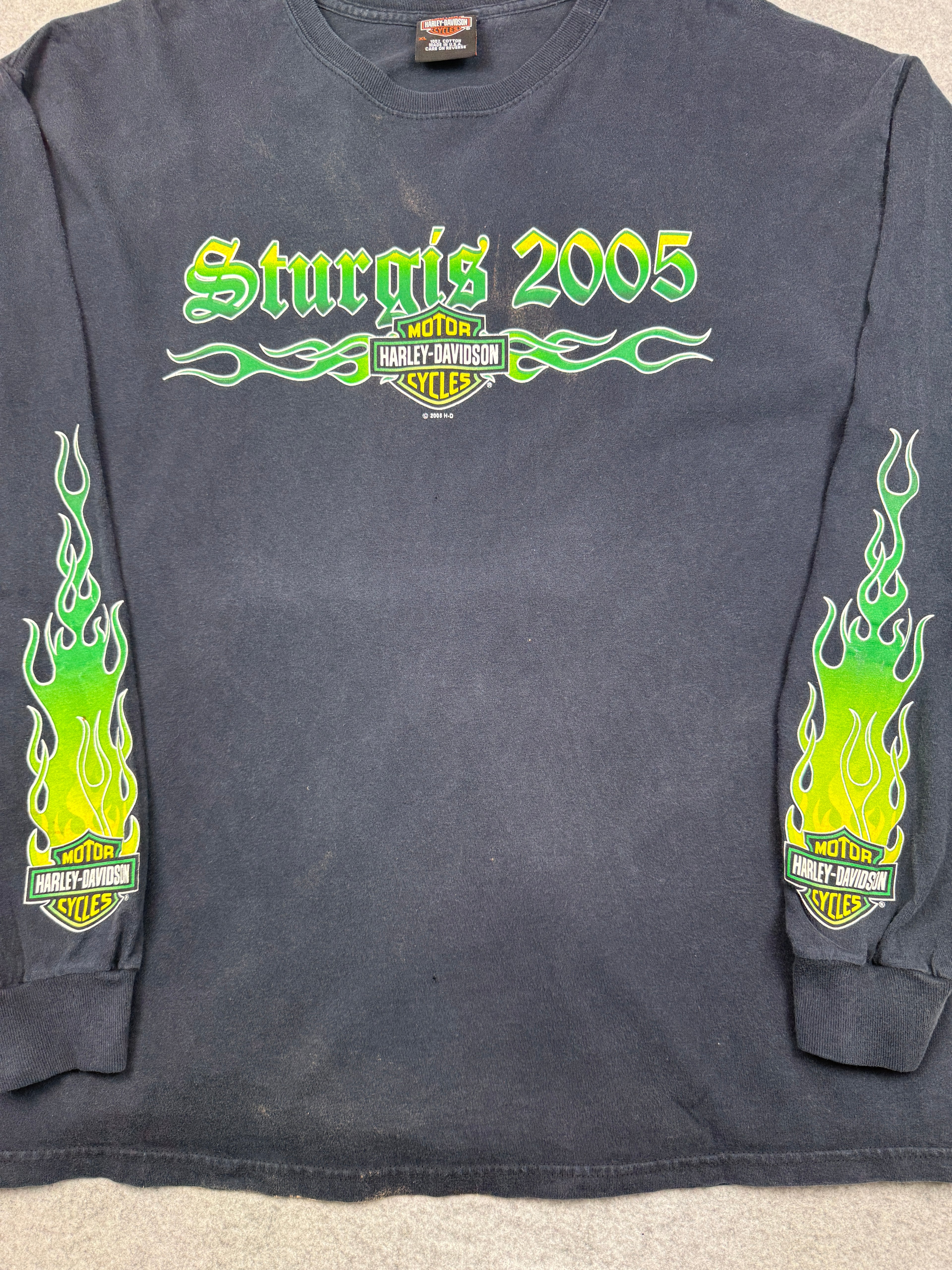 Vintage Harley Davidson Sturgis Green Flame Sleeve L/S Tee