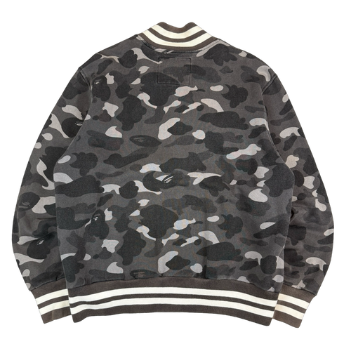BAPE Spell Out Dark Camo Varsity Jacket Black/Grey (USED) | Vintage Clothing Store Canada