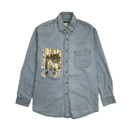 (L) Vintage Nature Wolf Denim Button Up | Vintage Clothing Store Canada