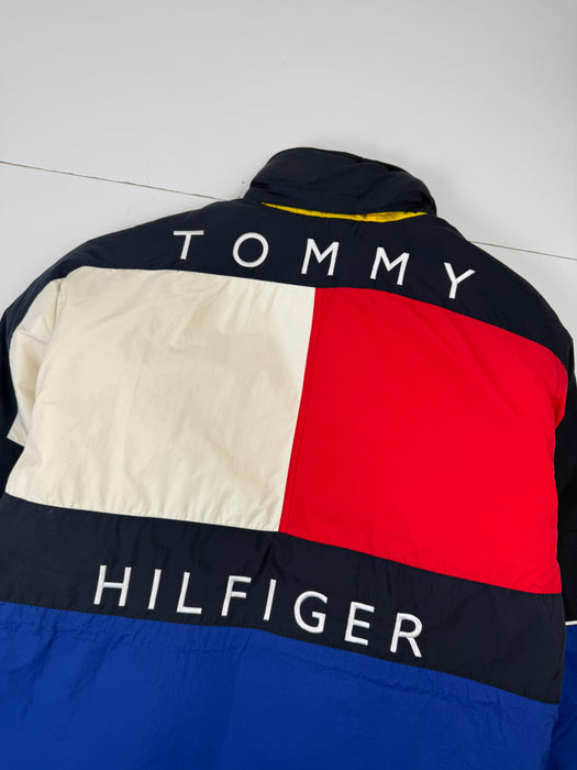 Vintage Tommy Hilfiger Spell Out Puffer Jacket Blue | Vitnage Clothing Store Canada