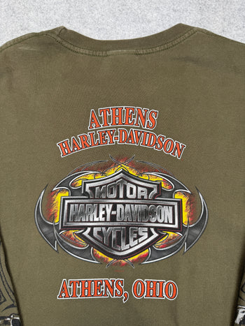 Vintage Harley Davidson Athens Skull Sleeve L/S Tee Olive