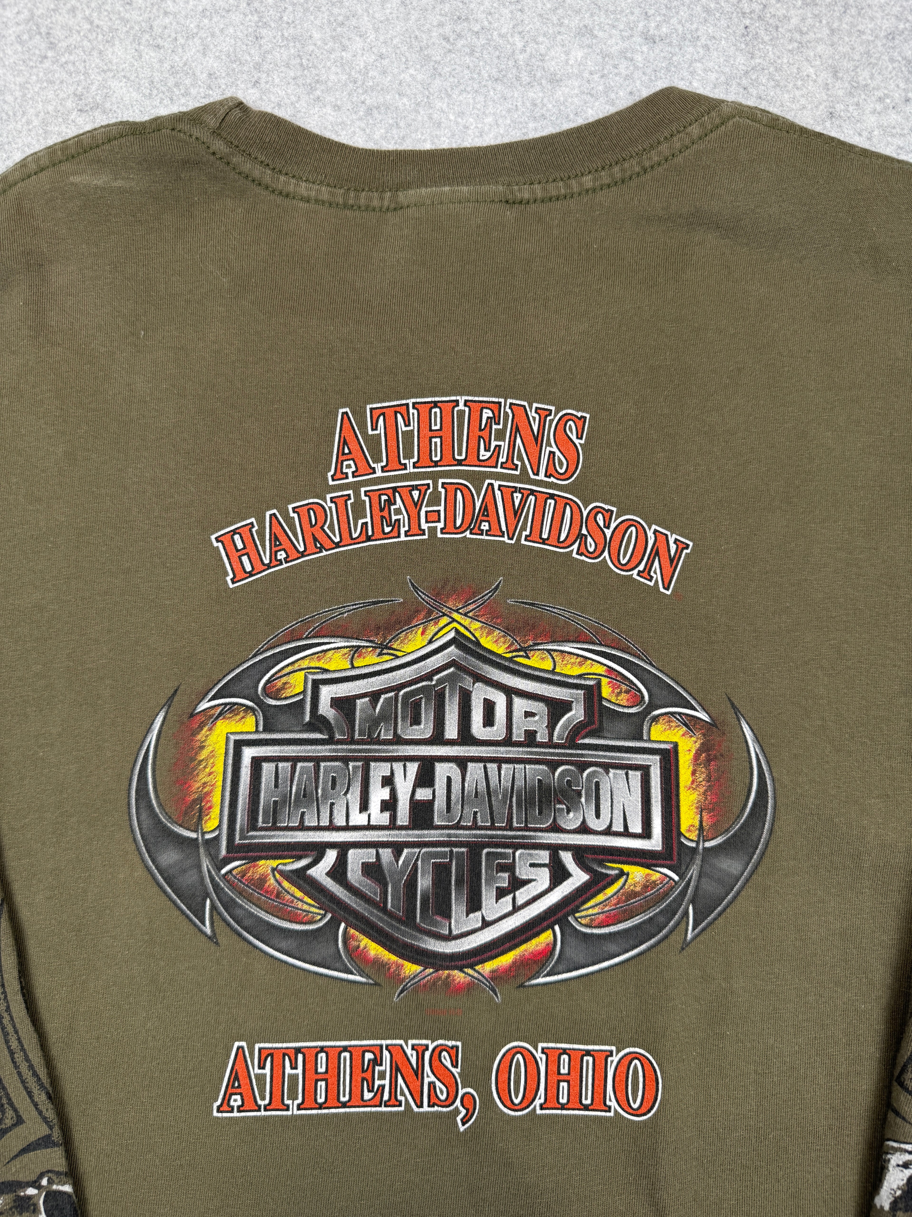 Vintage Harley Davidson Athens Skull Sleeve L/S Tee Olive