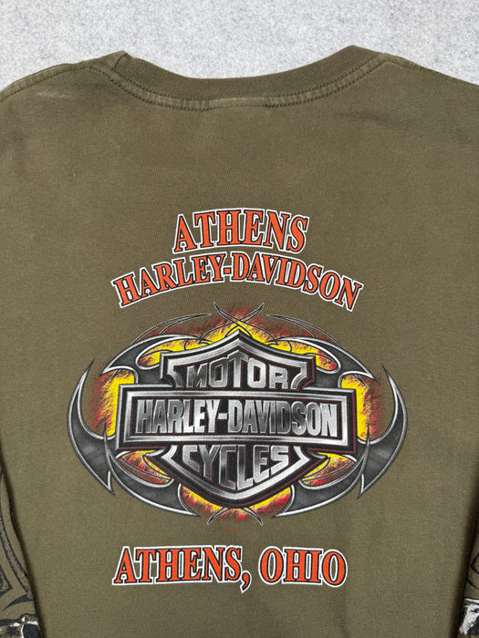 Vintage Harley Davidson Athens Skull Sleeve L/S Tee Olive | Vitnage Clothing Store Canada
