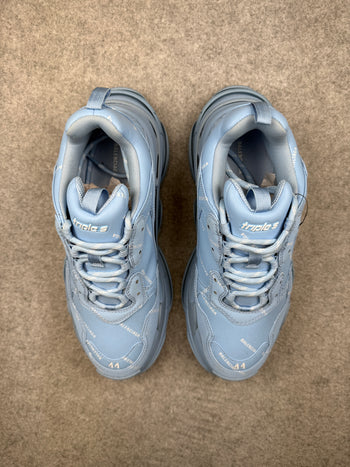 Balenciaga Triple S Logo Print Foam And Mesh Sneakers Light Blue (USED)