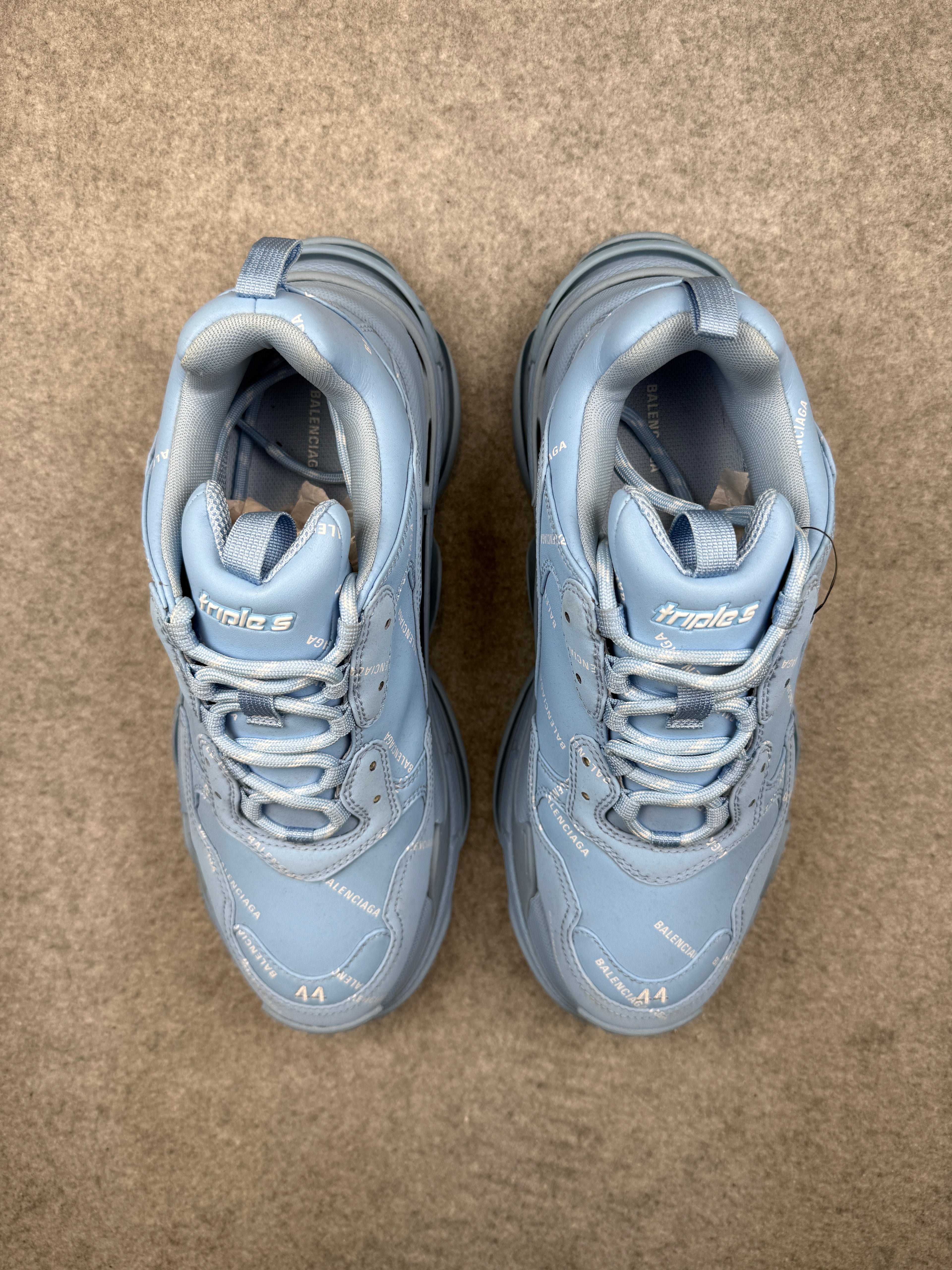 Balenciaga Triple S Logo Print Foam And Mesh Sneakers Light Blue (USED)