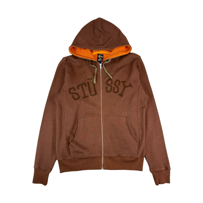 Stussy Brown Orange Logo Zip Up Hoodie (USED) | Vitnage Clothing Store Canada