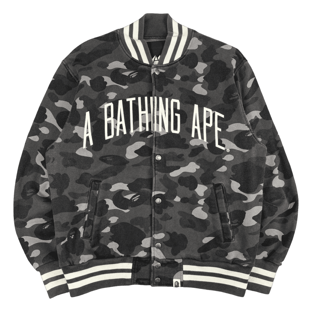 BAPE Spell Out Dark Camo Varsity Jacket Black/Grey (USED)