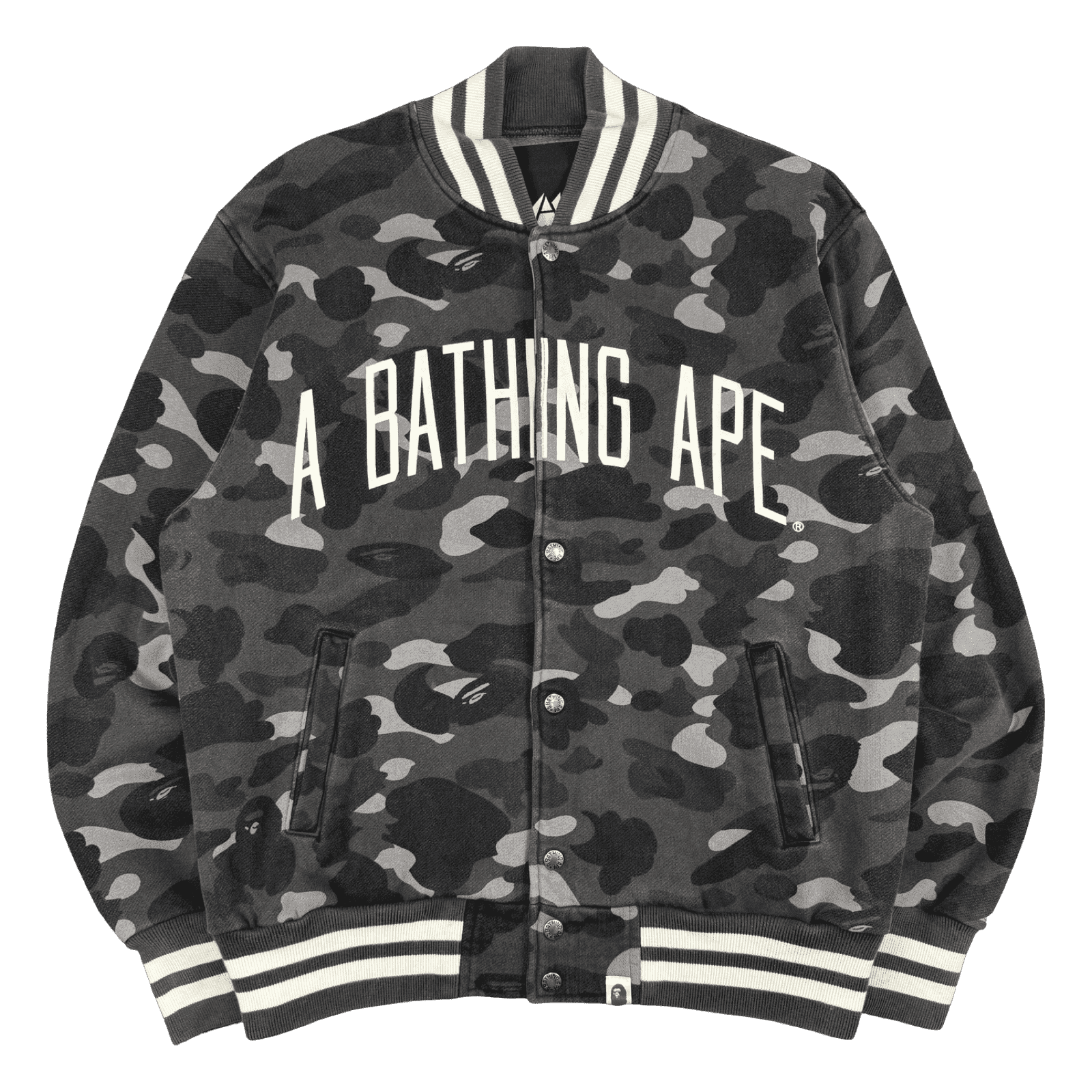 BAPE Spell Out Dark Camo Varsity Jacket Black/Grey (USED)