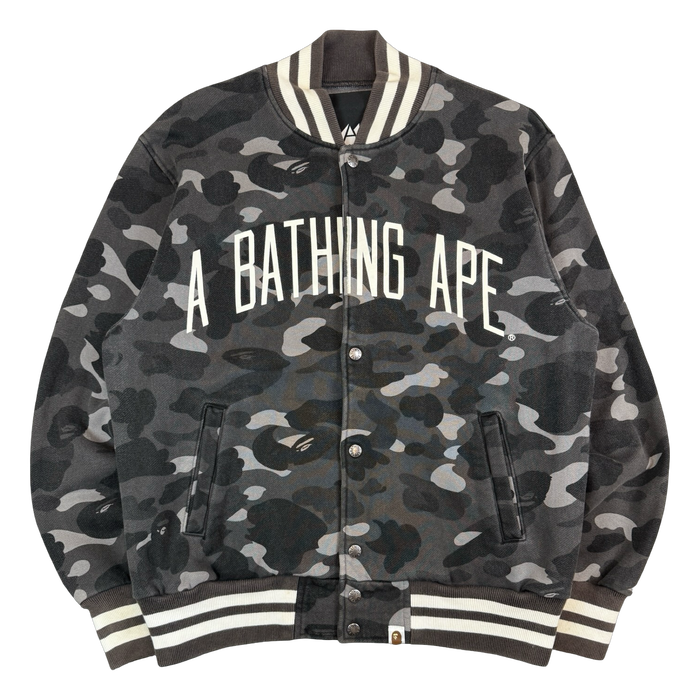 BAPE Spell Out Dark Camo Varsity Jacket Black/Grey (USED) | Vitnage Clothing Store Canada
