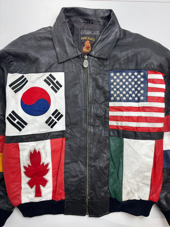 Vintage International Flags Leather Zip-Up Jacket