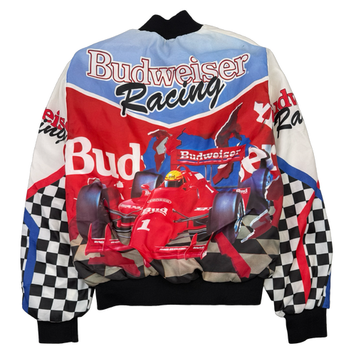 Vintage 90s Budweiser Racing Satin Bomber Jacket White | Vintage Clothing Store Canada