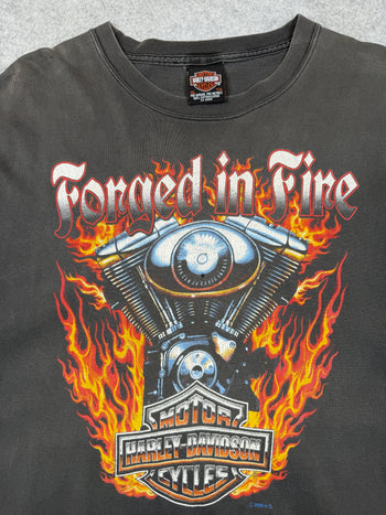 Vintage Harley Davidson Forged In Fire Engine Tee Faded Black