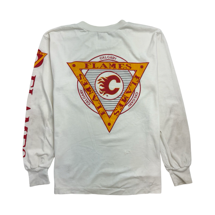 (S) Vintage 90s Calgary Flames L/S Tee White | Vitnage Clothing Store Canada