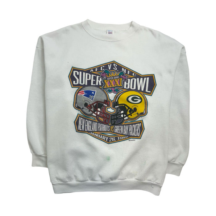 (XL) Vintage '96 Super Bowl XXXI Sweatshirt White | Vitnage Clothing Store Canada