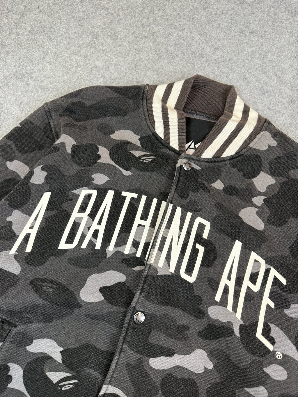 BAPE Spell Out Dark Camo Varsity Jacket Black/Grey (USED)