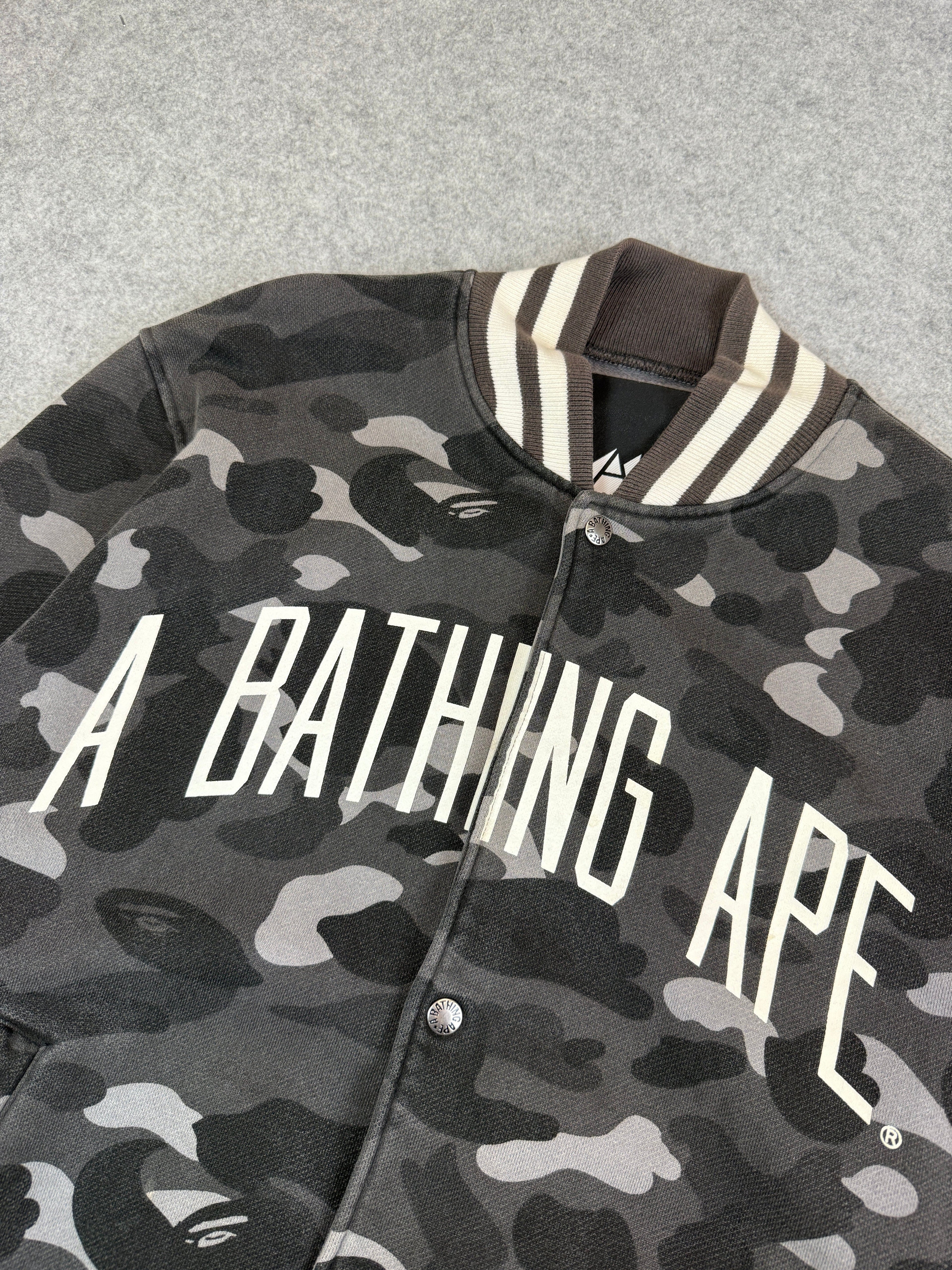 BAPE Spell Out Dark Camo Varsity Jacket Black/Grey (USED)