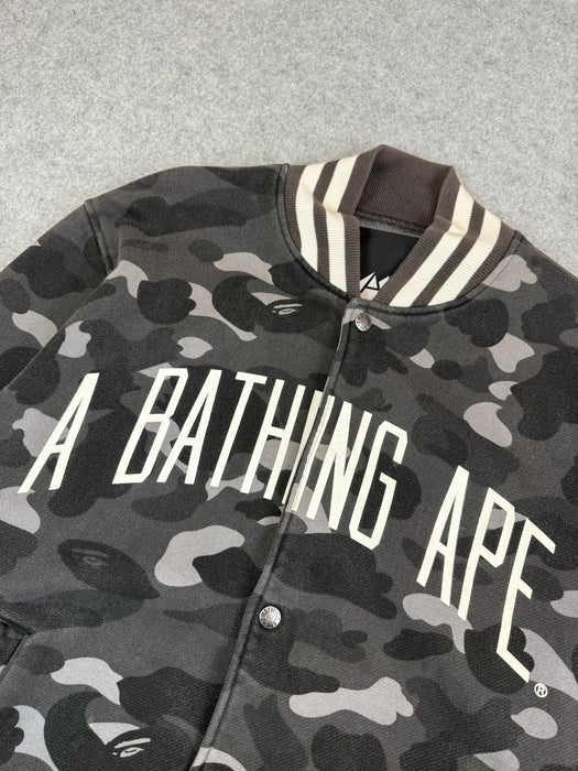 BAPE Spell Out Dark Camo Varsity Jacket Black/Grey (USED) | Vitnage Clothing Store Canada