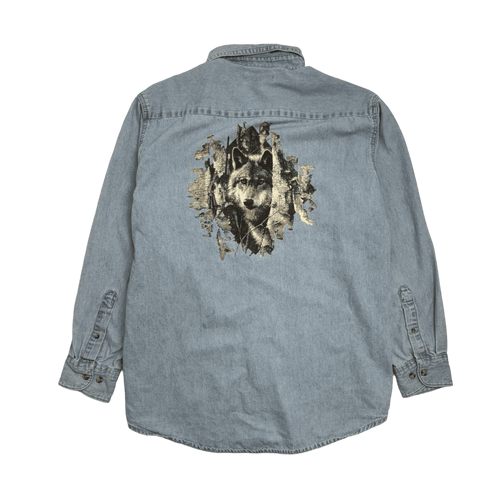 (L) Vintage Nature Wolf Denim Button Up | Vintage Clothing Store Canada