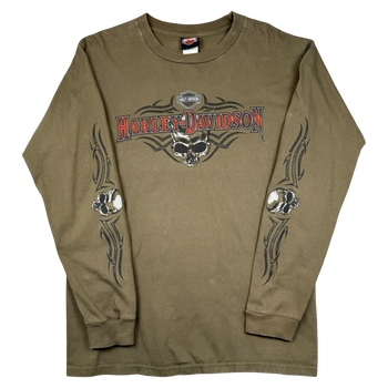 Vintage Harley Davidson Athens Skull Sleeve L/S Tee Olive