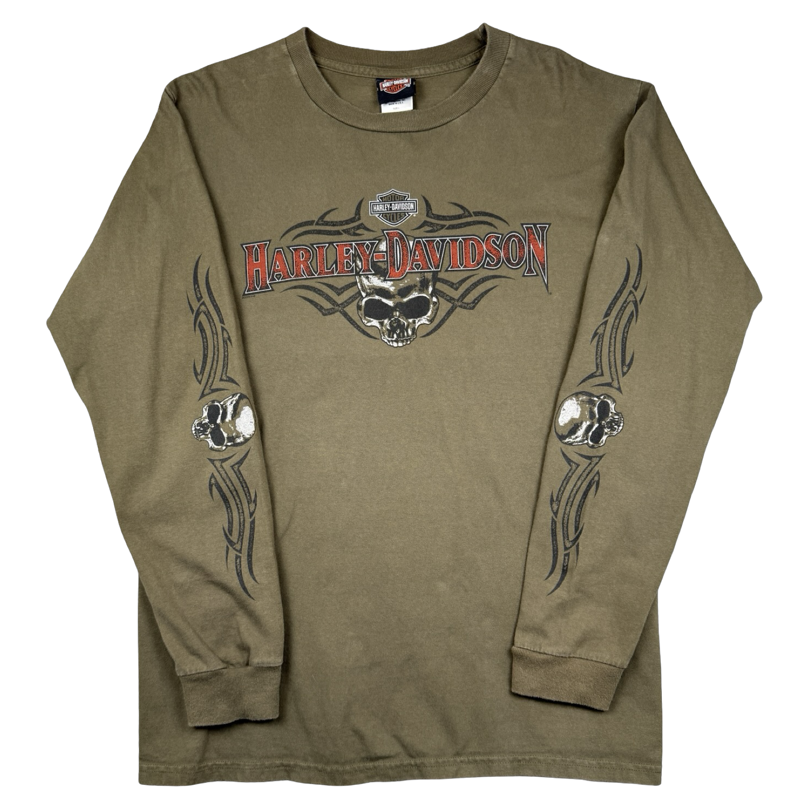 Vintage Harley Davidson Athens Skull Sleeve L/S Tee Olive