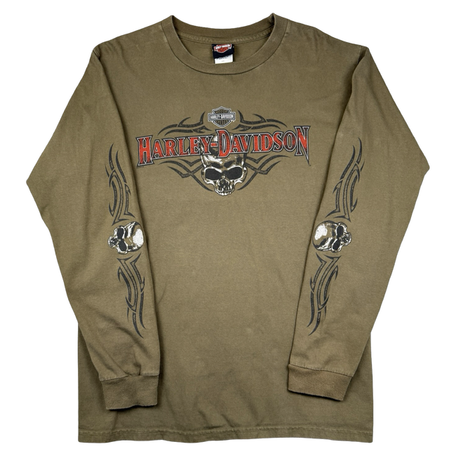 Vintage Harley Davidson Athens Skull Sleeve L/S Tee Olive