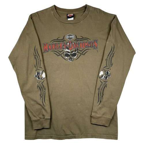 Vintage Harley Davidson Athens Skull Sleeve L/S Tee Olive | Vintage Clothing Store Canada