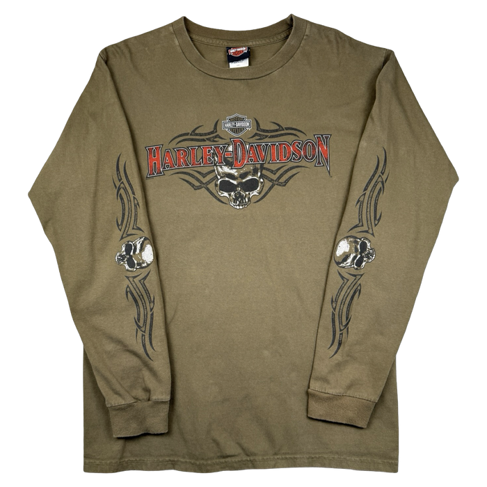 Vintage Harley Davidson Athens Skull Sleeve L/S Tee Olive | Vitnage Clothing Store Canada