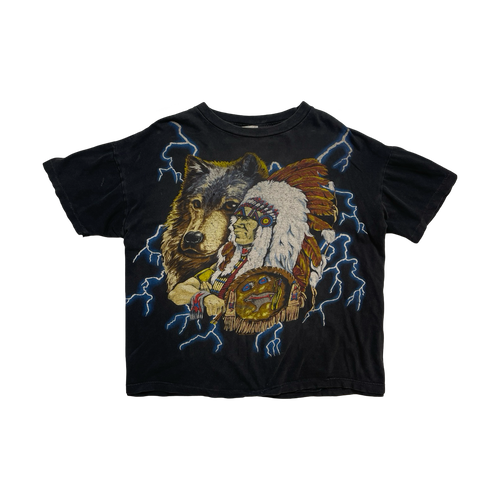 Vintage 90s American Thunder Indian Wolf Tee Black | Vintage Clothing Store Canada