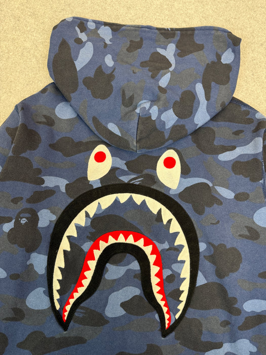 BAPE Embroidered Shark Camo Full Zip Hoodie Navy (USED) | Vitnage Clothing Store Canada