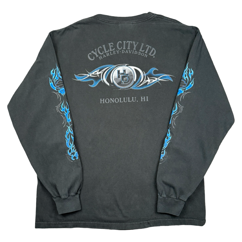 Vintage Harley Davidson Blue Flame Sleeve L/S Tee Black
