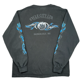 Vintage Harley Davidson Blue Flame Sleeve L/S Tee Black