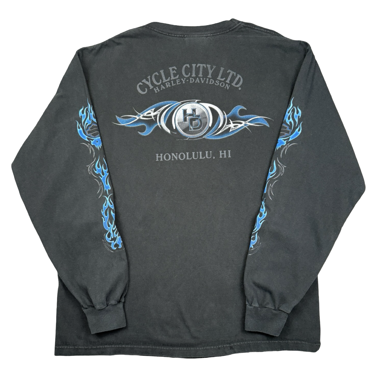 Vintage Harley Davidson Blue Flame Sleeve L/S Tee Black
